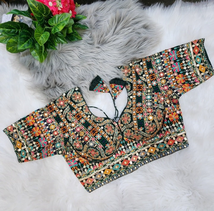 Green Pakhi Heavy Embroidered Multicolor Silk Blouse