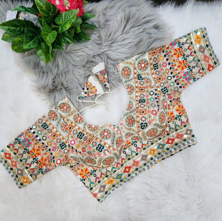 White Pakhi Heavy Embroidered Multicolor Silk Blouse