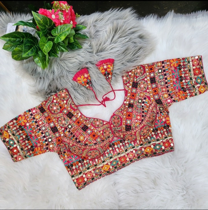 Rani pink Pakhi Heavy Embroidered Multicolor Silk Blouse