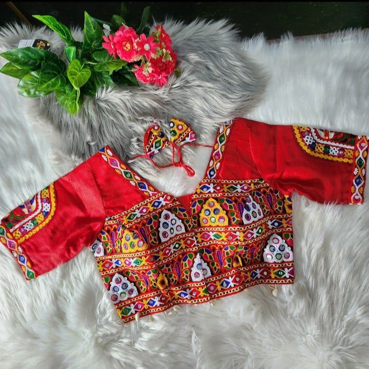 Red Navratri Gamthi Pattern Blouse With Kutchi Embroidery