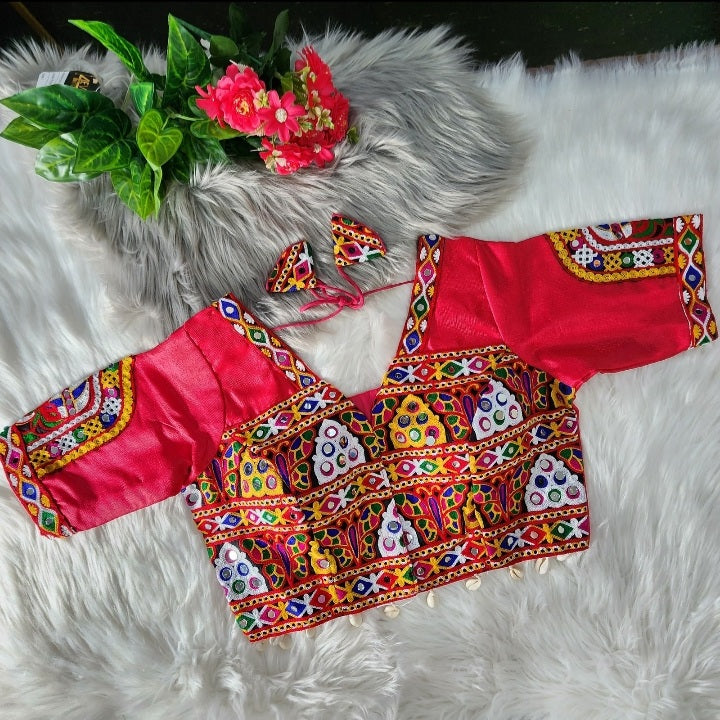 Rani Pink Navratri Gamthi Pattern Blouse With Kutchi Embroidery