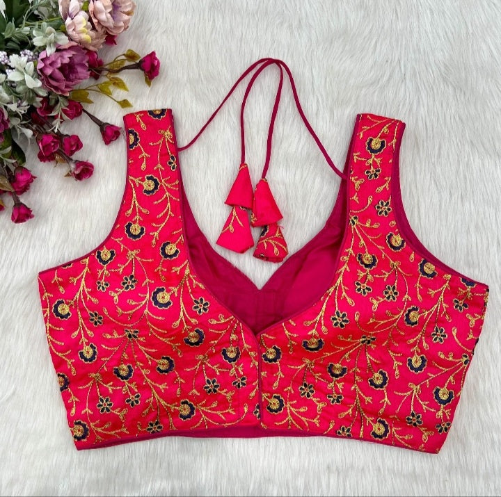 Rani Pink Silk Thread Embroidered Designer Blouse