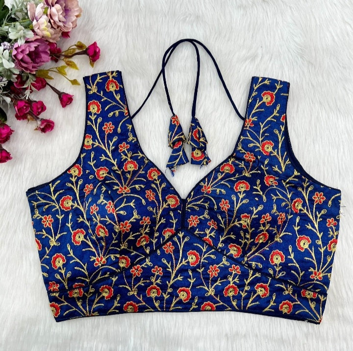 Blue Silk Thread Embroidered Designer Blouse