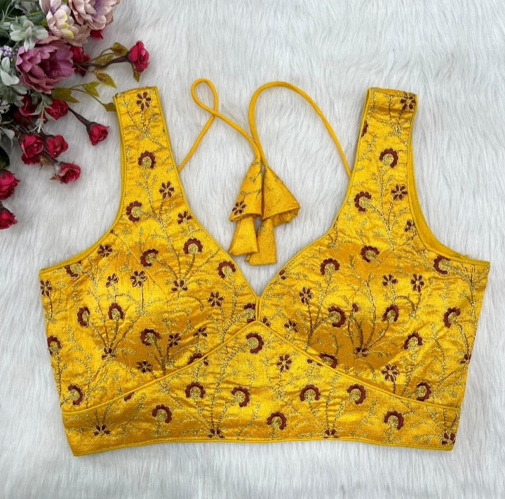 Yellow Silk Thread Embroidered Designer Blouse