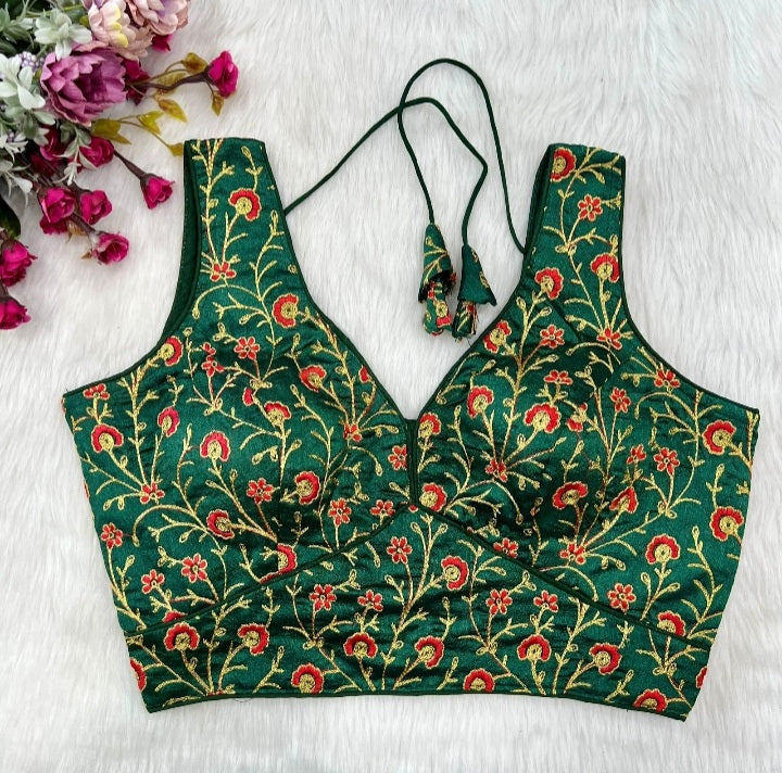Green Silk Thread Embroidered Designer Blouse