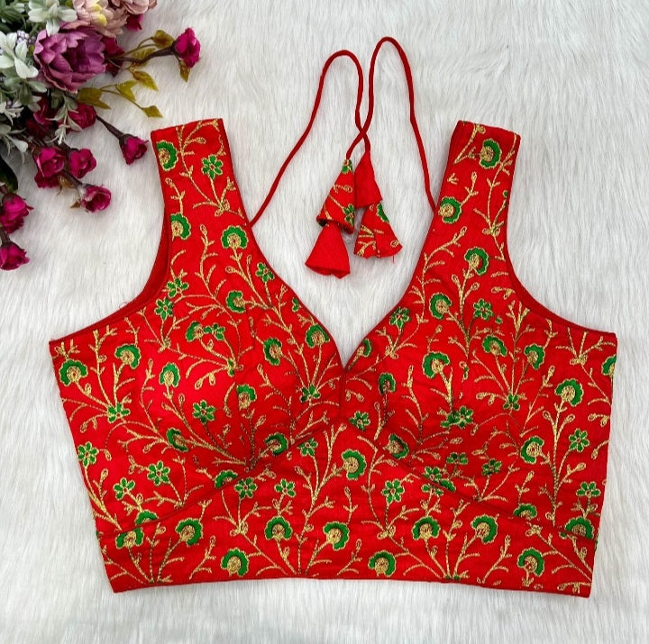 Red Silk Thread Embroidered Designer Blouse