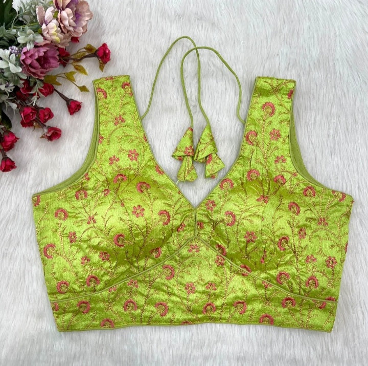 Parrot Green Silk Thread Embroidered Designer Blouse