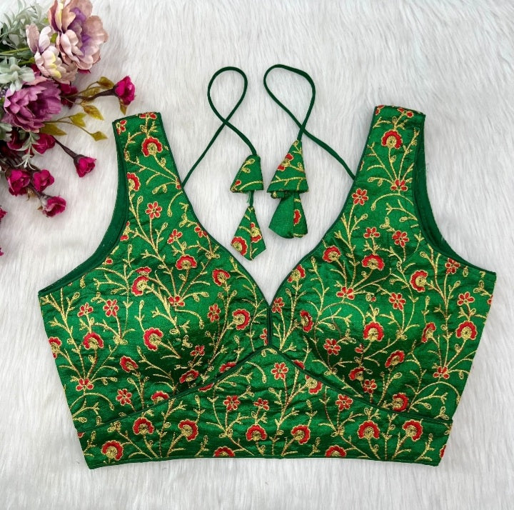 Green Silk Thread Embroidered Designer Blouse