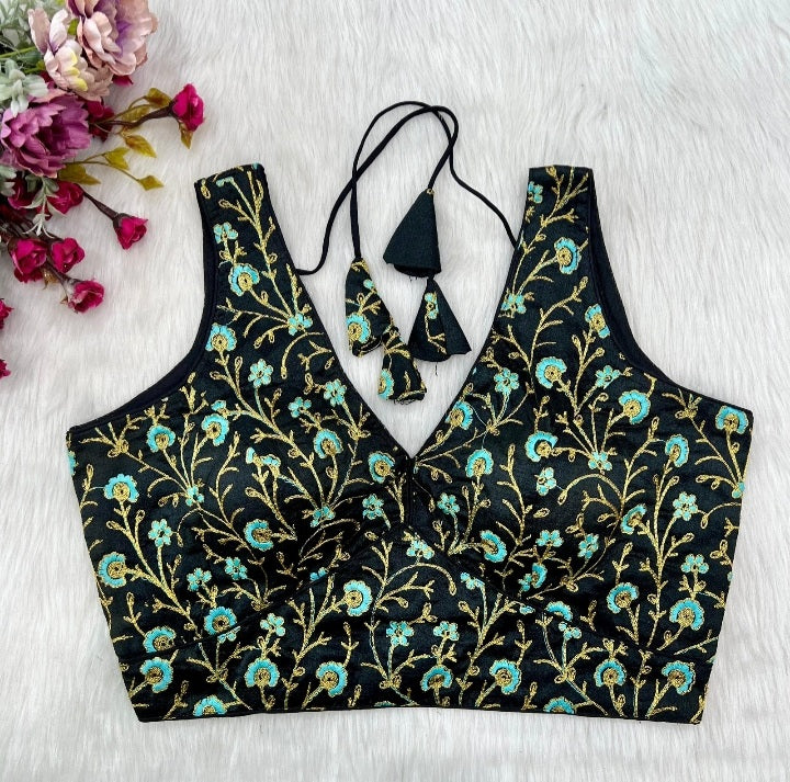 Black Silk Thread Embroidered Designer Blouse