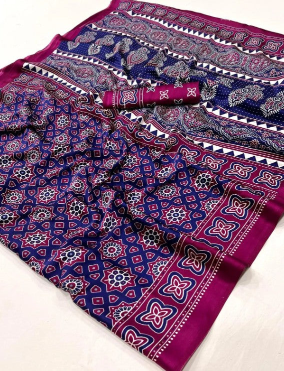 Purple & Blue Ajrakh Printed Saree