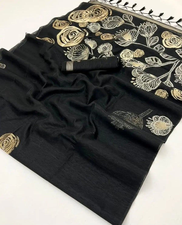 Black Munga Silk Saree With Zari Motifs