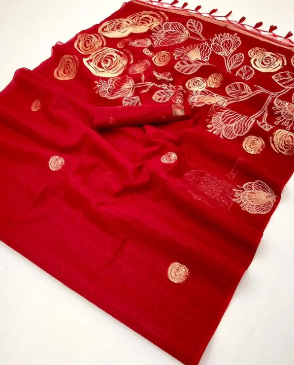 Red Munga Silk Saree With Zari Motifs
