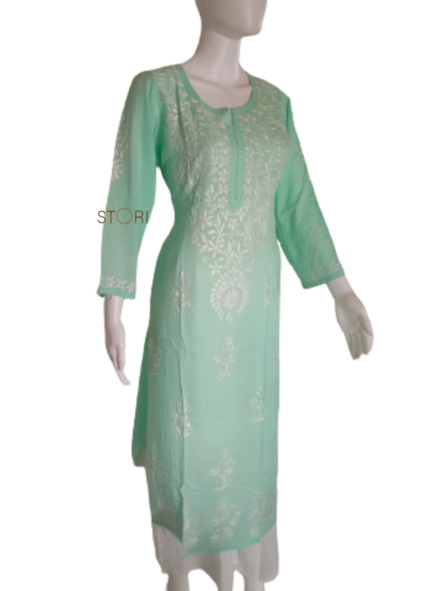 Zaarah Seagreen Handcrafted Soft Modal Cotton Chikankari Kurti
