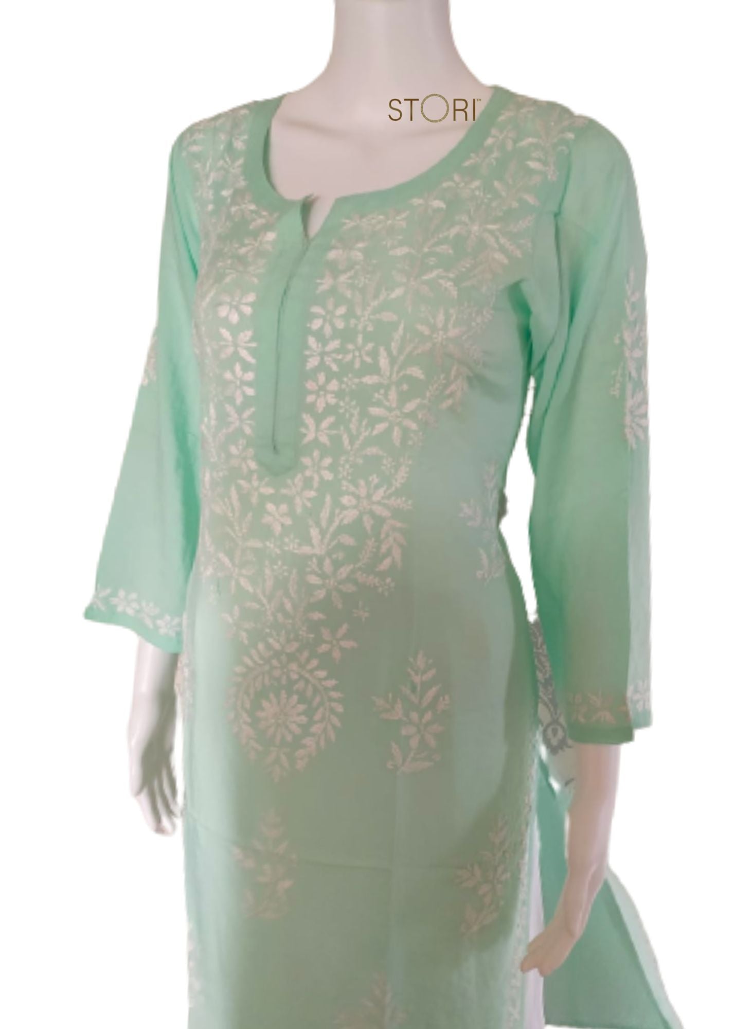 Zaarah Seagreen Handcrafted Soft Modal Cotton Chikankari Kurti