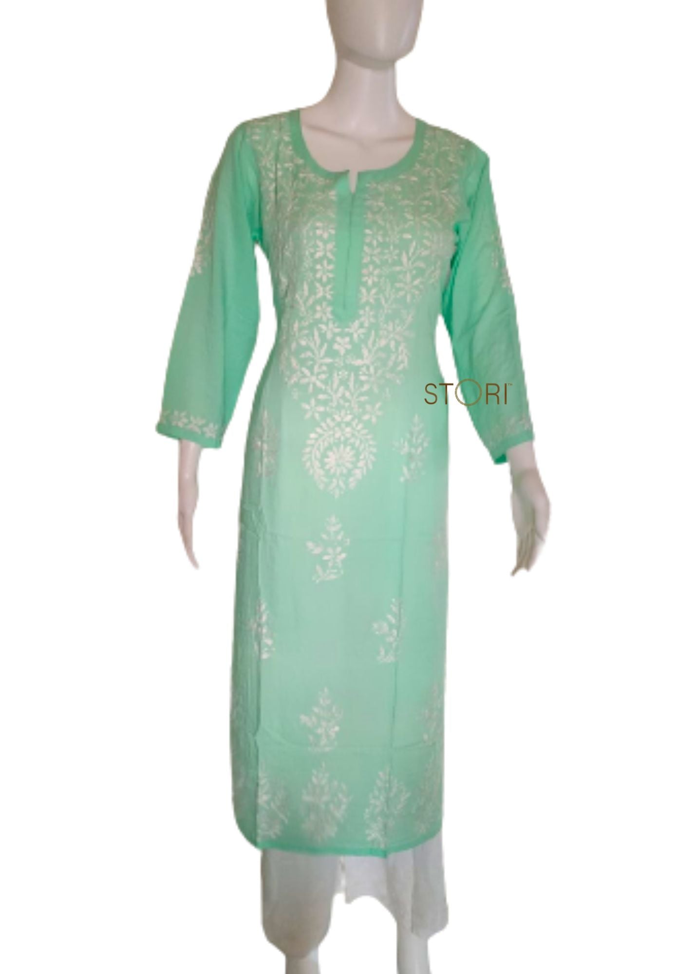 Zaarah Seagreen Handcrafted Soft Modal Cotton Chikankari Kurti