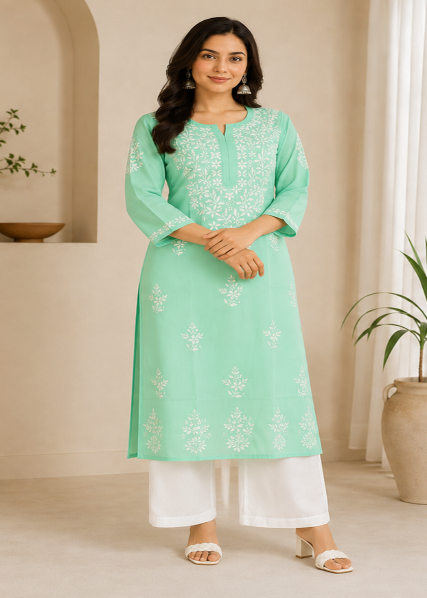 Zaarah Seagreen Handcrafted Soft Modal Cotton Chikankari Kurti
