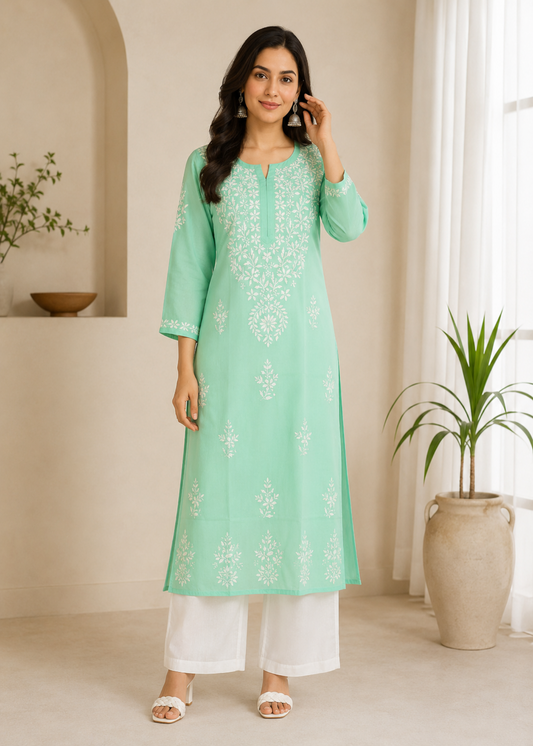 Zaarah Seagreen Handcrafted Soft Modal Cotton Chikankari Kurti