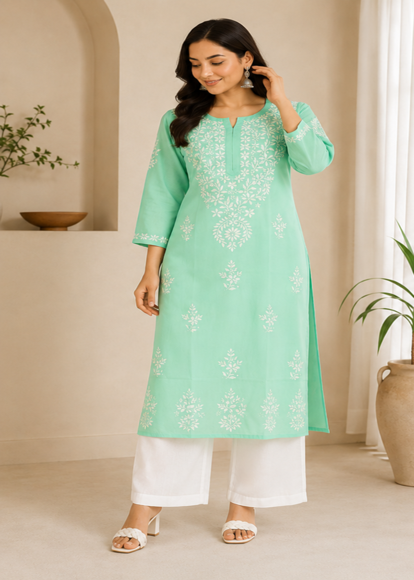 Zaarah Seagreen Handcrafted Soft Modal Cotton Chikankari Kurti