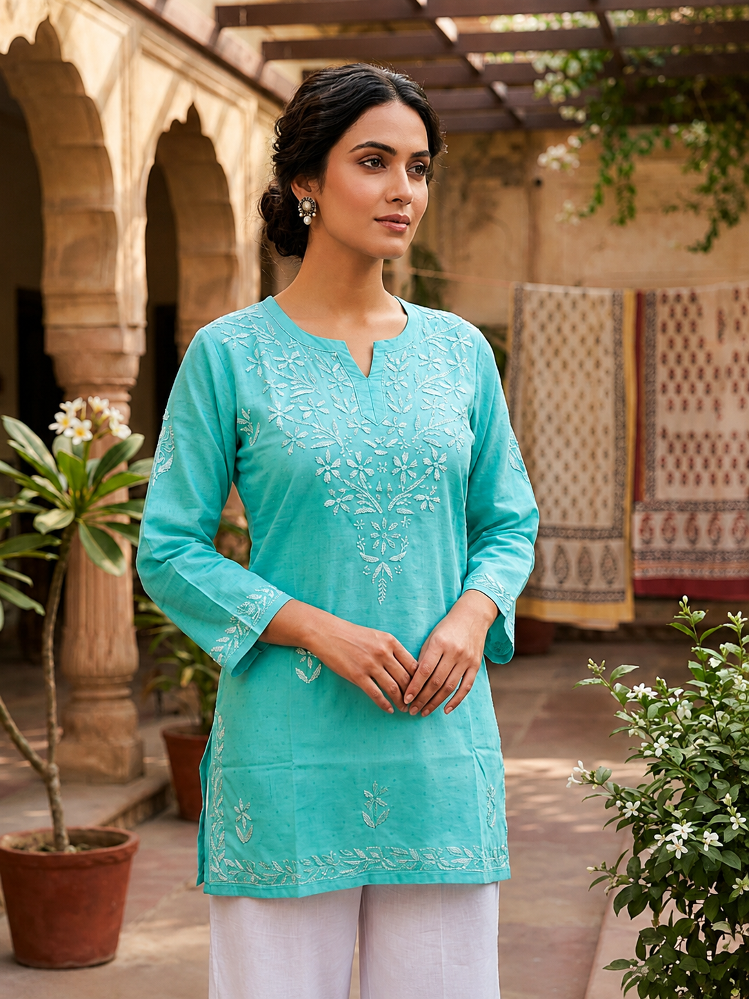 Seagreen Dobby Cotton Short Chikankari Kurti