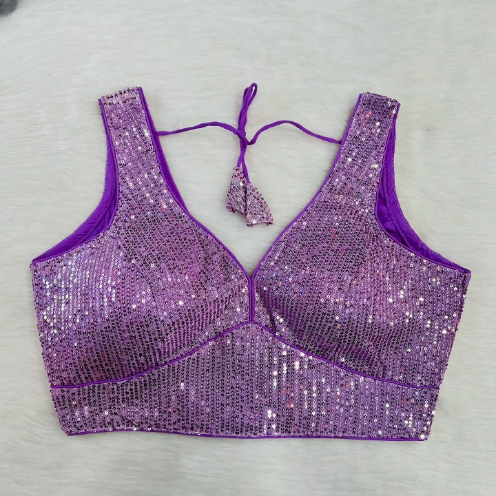 Purple Sequin Embroidered Readymade Blouse With Short Sleeves
