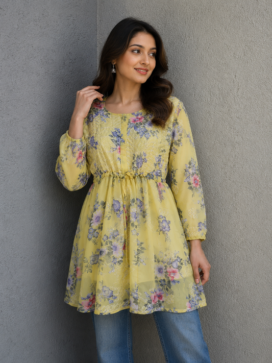 Butter Yellow Printed Floral Georgette Short Chikankari Kurti With Dori