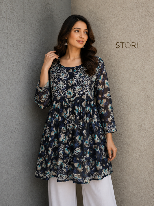 Blue Printed Floral Georgette Short Chikankari Kurti With Dori