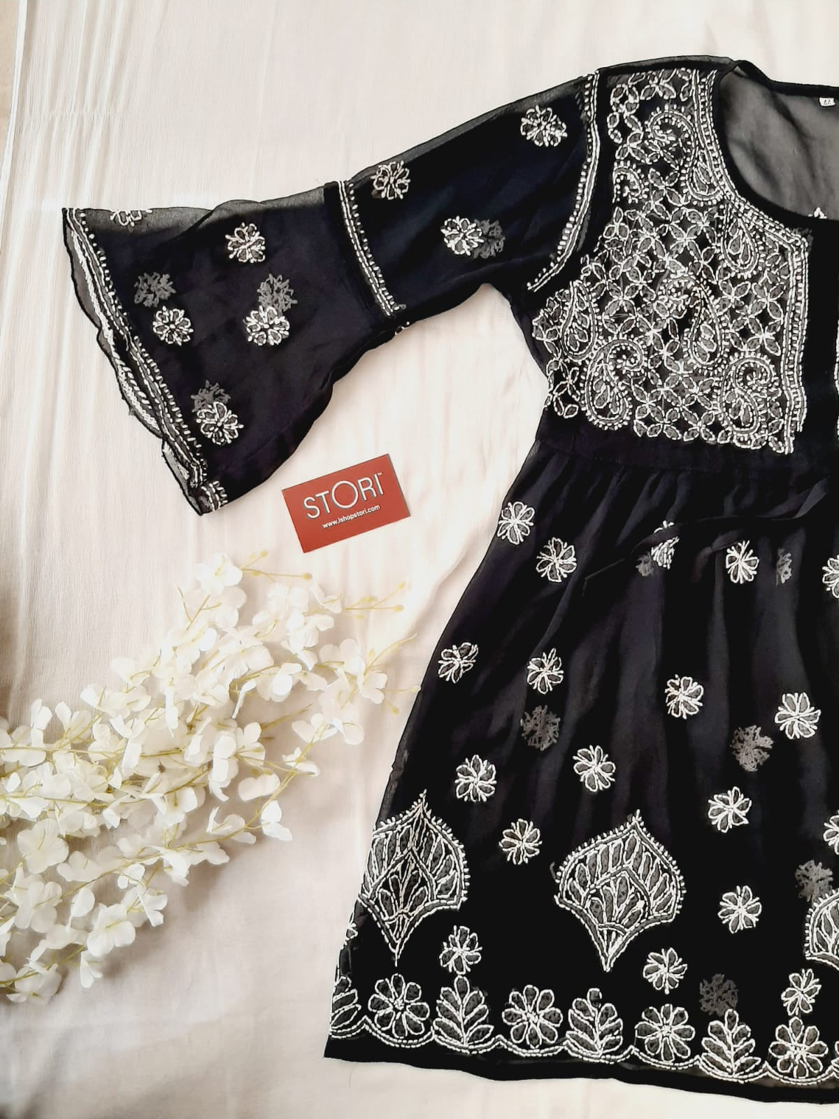 Adila Black Short Georgette Chikankari Kurti With Bell Sleeves