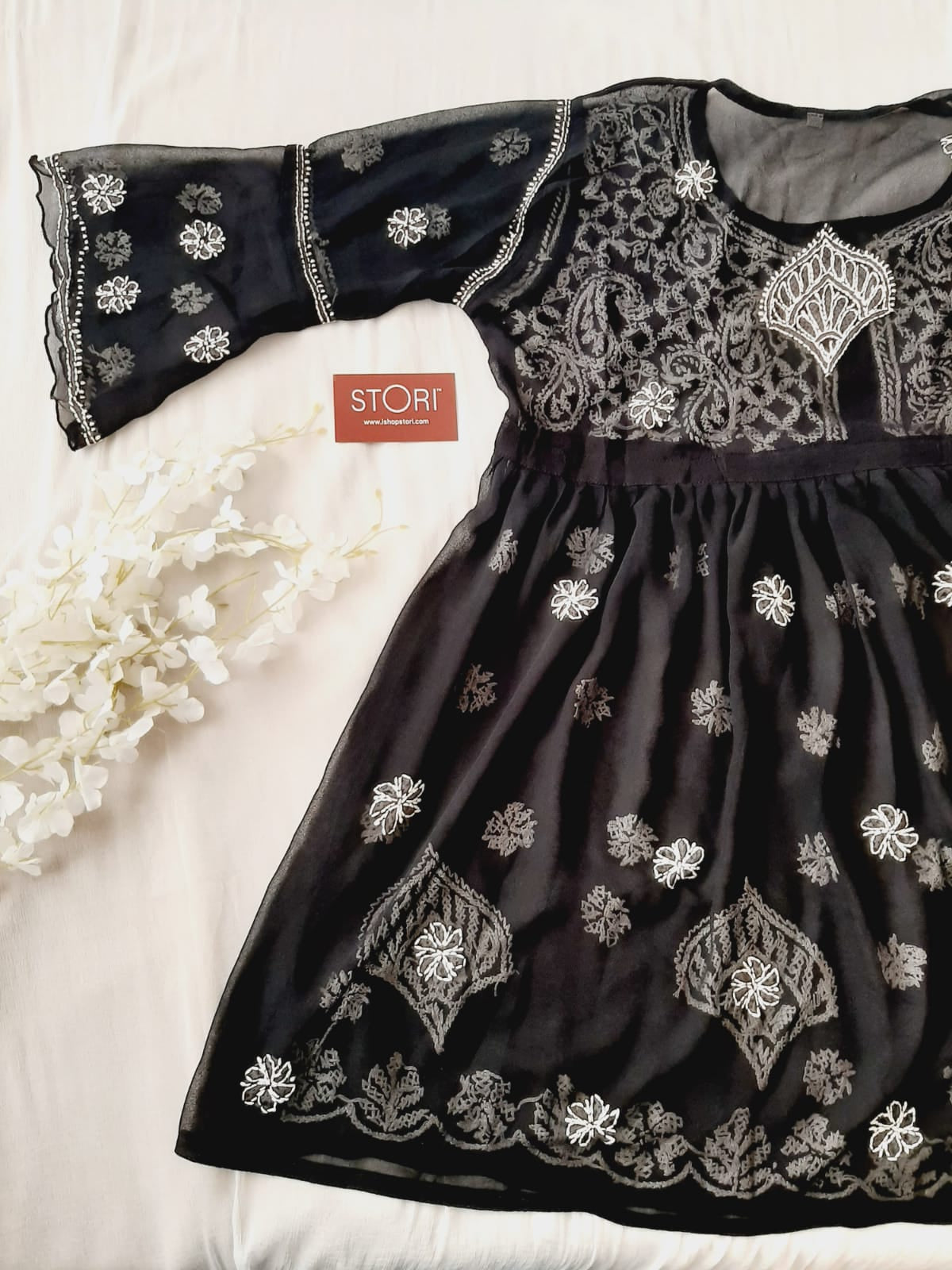 Adila Black Short Georgette Chikankari Kurti With Bell Sleeves