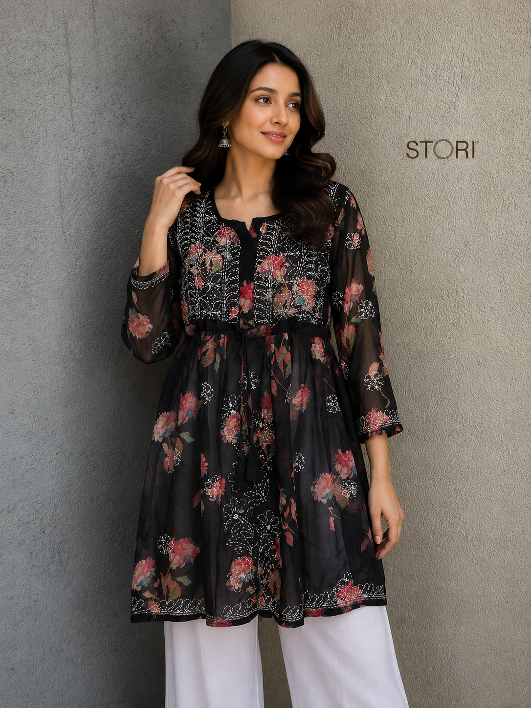 Black Printed Floral Georgette Short Chikankari Kurti With Dori