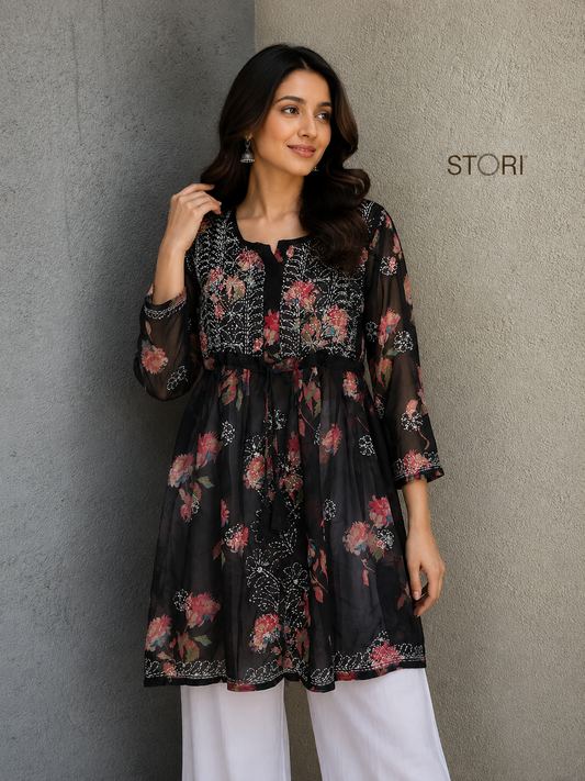 Black Printed Floral Georgette Short Chikankari Kurti With Dori