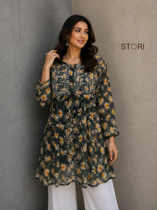 Green Printed Floral Georgette Short Chikankari Kurti With Dori