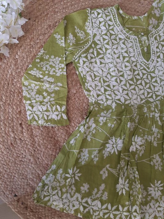 Bloom Printed Olive Green Cotton Mulmul Chikankari Short Kurti