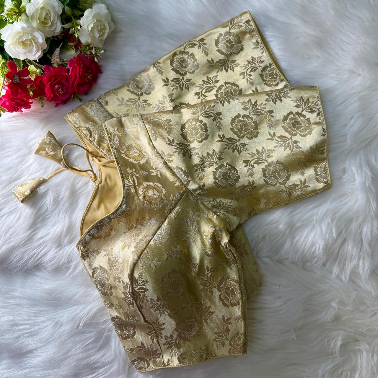 Gold Shimmer Jacquard Silk Designer Blouse