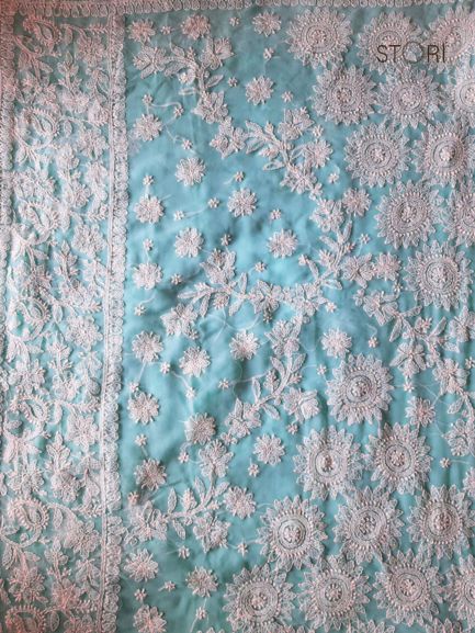 Sky Blue Surya Hand Embroidered Lucknowi Chikankari Saree