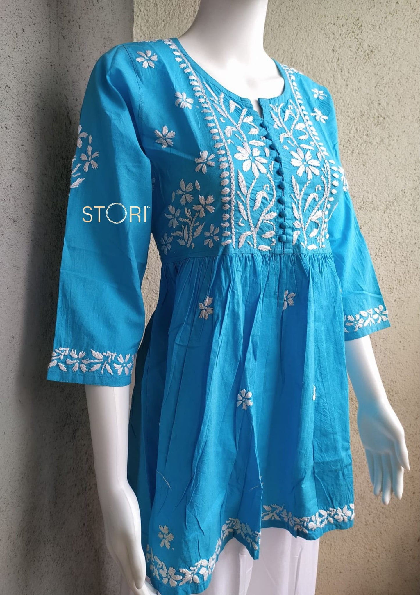Sky Blue Flared Cotton Short Chikankari Kurti