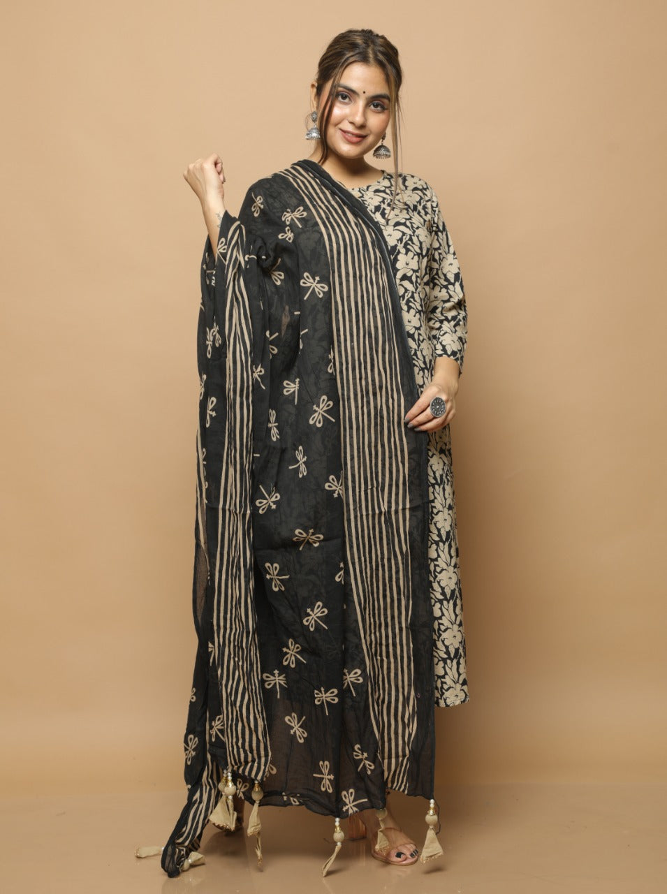 Beige & Black Cotton Printed Straight Suit Set