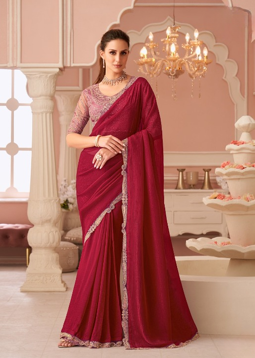 STORI Cherry Red Partywear Sarees