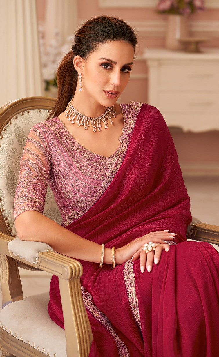 STORI Cherry Red Partywear Sarees
