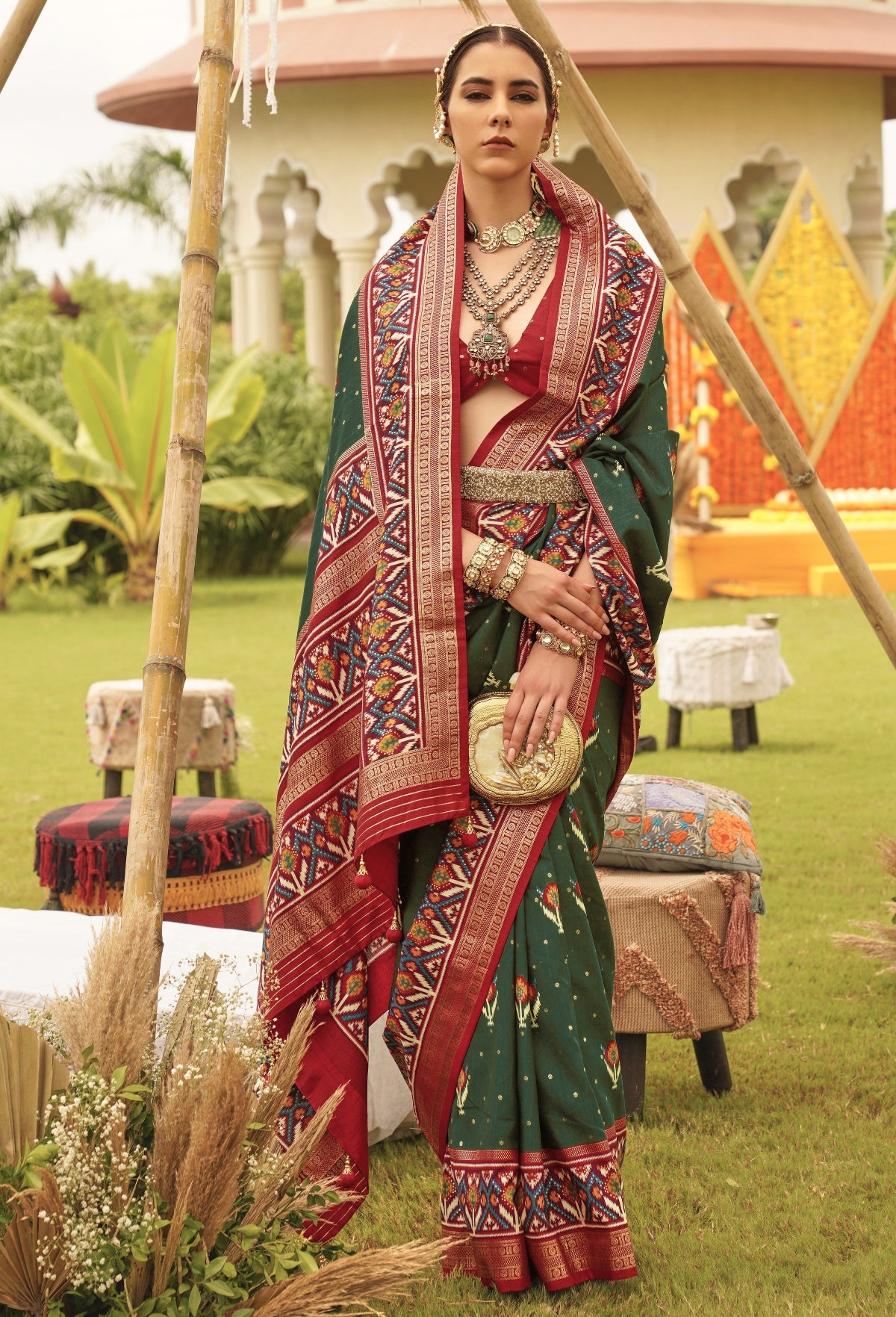 Shop Dark Green Patola Silk Saree for Wedding at STORI