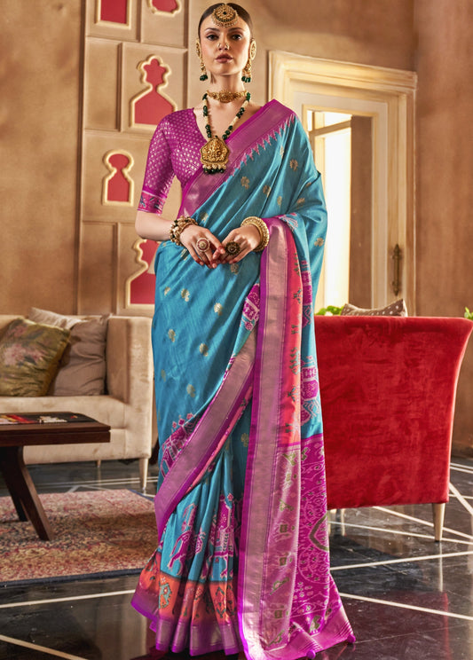 Best Teal Blue Patola Silk Saree Online in India