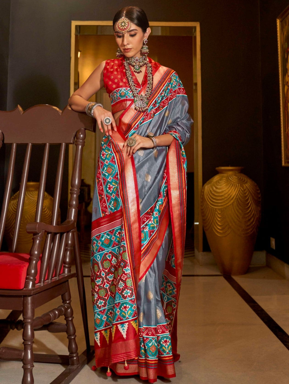 Shop Grey Patola Silk Saree for Wedding at STORI