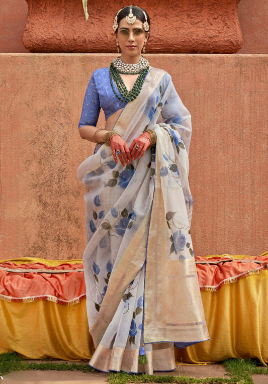 Shop Off-White Floral Organza Silk Saree Online - STORI