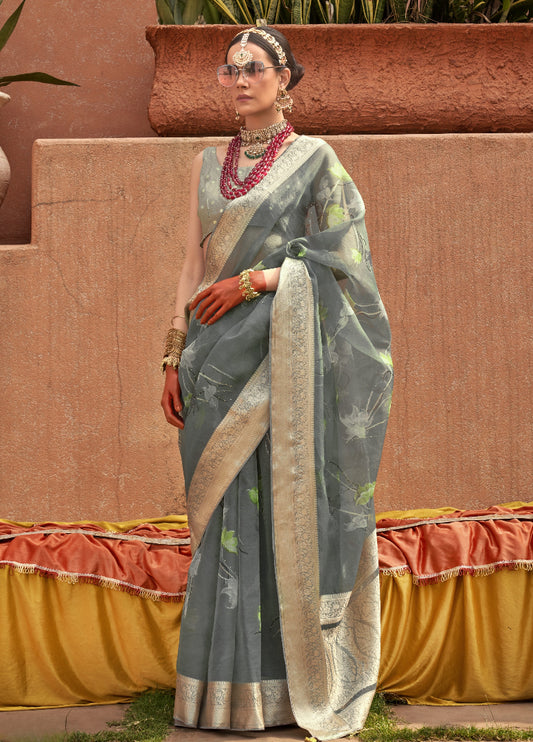 Shop Sea Green Floral Organza Silk Saree Online - STORI