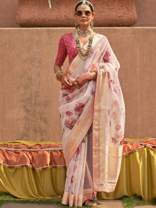 Shop Light Pink Floral Organza Silk Saree Online - STORI