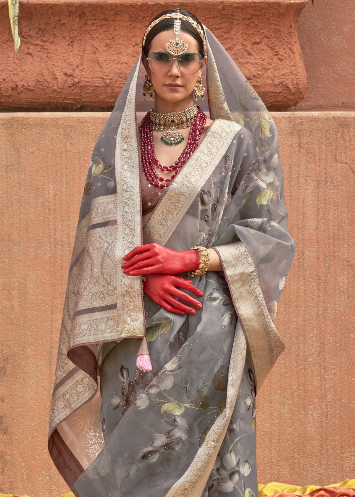 Shop Grey Floral Organza Silk Saree Online - STORI