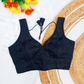 Black Textured Solid Color Silk Blouse With Elbow Sleeves
