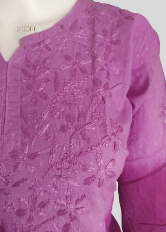 Rihaana Purple Dobby Cotton Ombre Shaded Short Chikankari Kurti