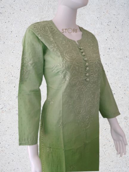 Pista Green Ombre Shaded Soft Dobby Cotton Chikankari Kurti