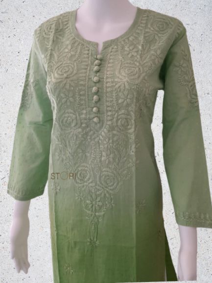 Pista Green Ombre Shaded Soft Dobby Cotton Chikankari Kurti