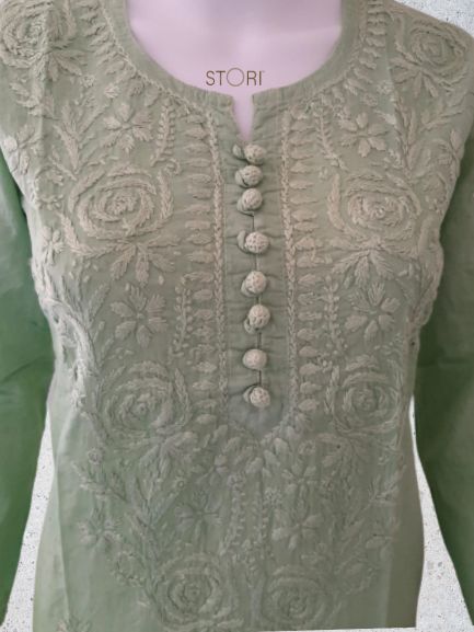 Pista Green Ombre Shaded Soft Dobby Cotton Chikankari Kurti